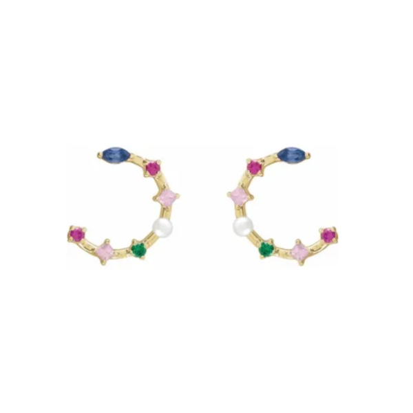 14K Cultured Freshwater Pearl & Natural Multi-Gemstone Earrings - Image 2