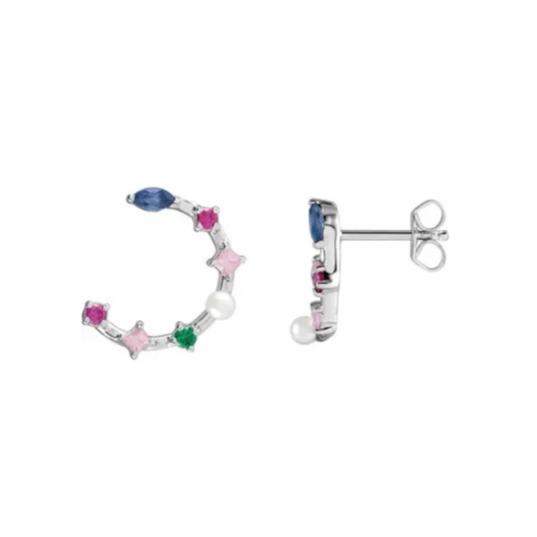 14K Cultured Freshwater Pearl & Natural Multi-Gemstone Earrings - Image 3