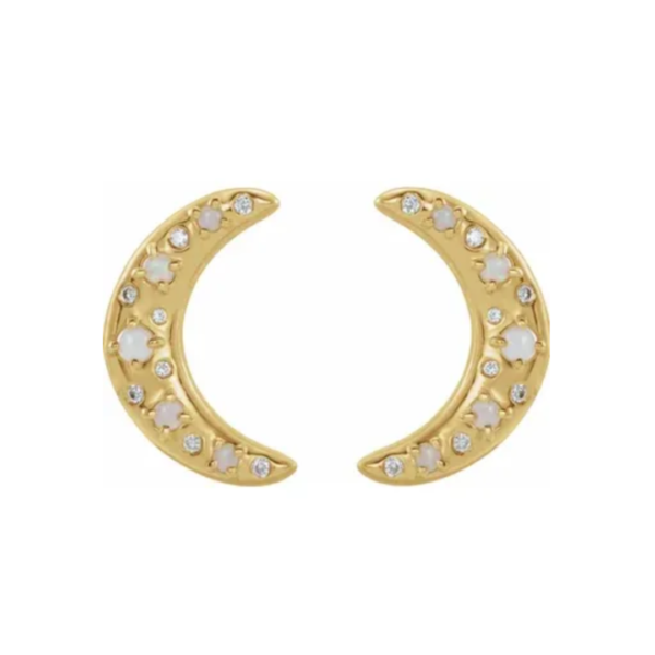14K Natural White Opal & 1/8 CTW Natural Diamond Crescent Moon Earrings - Image 2