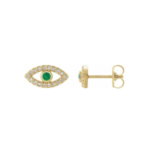 14K Natural Emerald & Natural White Sapphire Evil Eye Earrings
