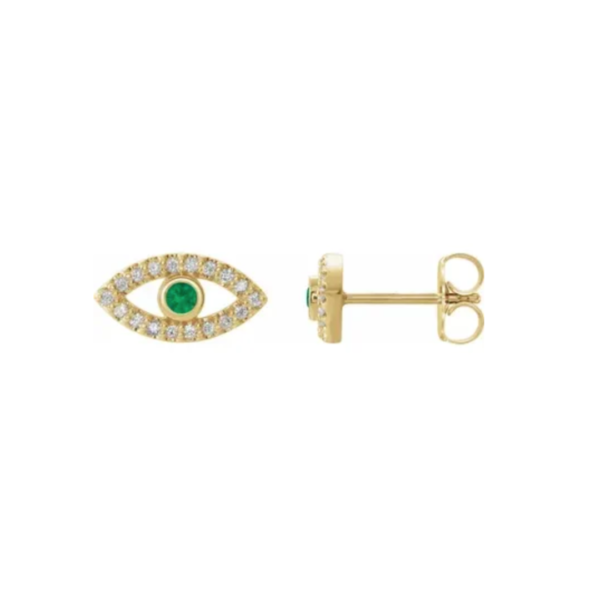 14K Natural Emerald & Natural White Sapphire Evil Eye Earrings