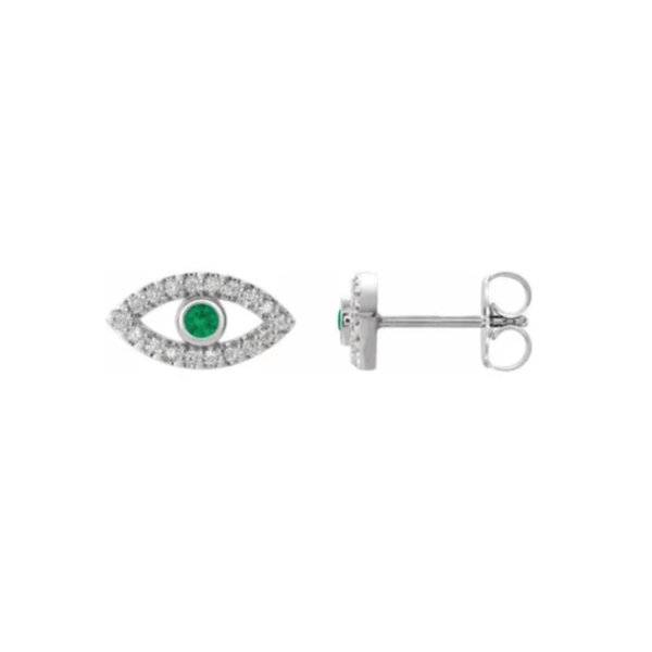 14K Natural Emerald & Natural White Sapphire Evil Eye Earrings - Image 2