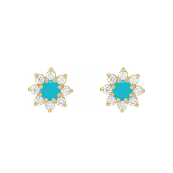 14K Natural Turquoise & 1/8 CTW Natural Diamond Flower Earrings - Image 2