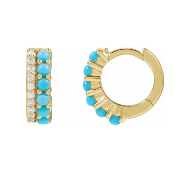 14K Gold and Natural Turquoise & 1/8 CTW Natural Diamond Huggie Hoop Earrings