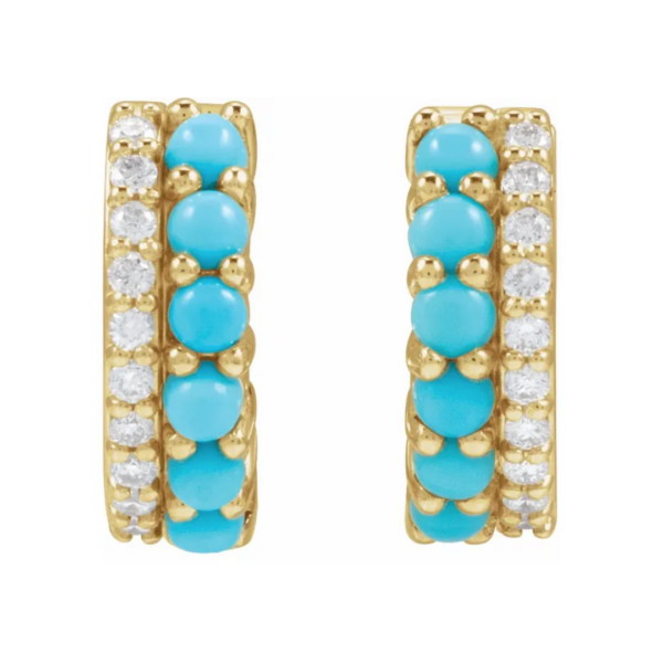 14K Gold and Natural Turquoise & 1/8 CTW Natural Diamond Huggie Hoop Earrings - Image 3