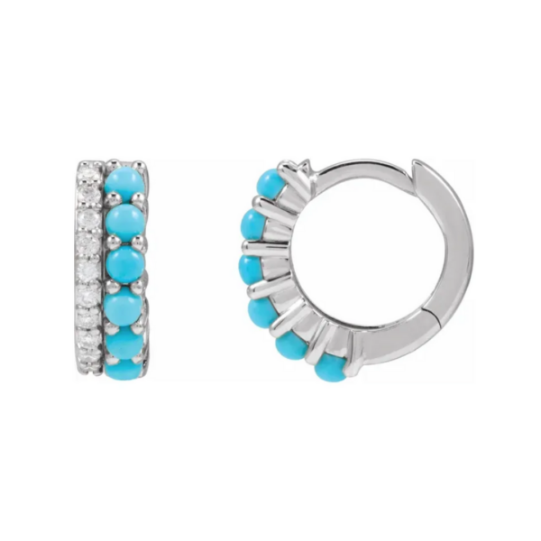 14K Gold and Natural Turquoise & 1/8 CTW Natural Diamond Huggie Hoop Earrings - Image 4