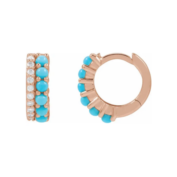 14K Gold and Natural Turquoise & 1/8 CTW Natural Diamond Huggie Hoop Earrings - Image 5